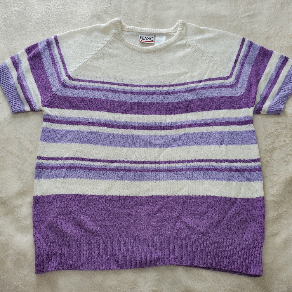 Purple and White Striped Crew Neck Sweater
